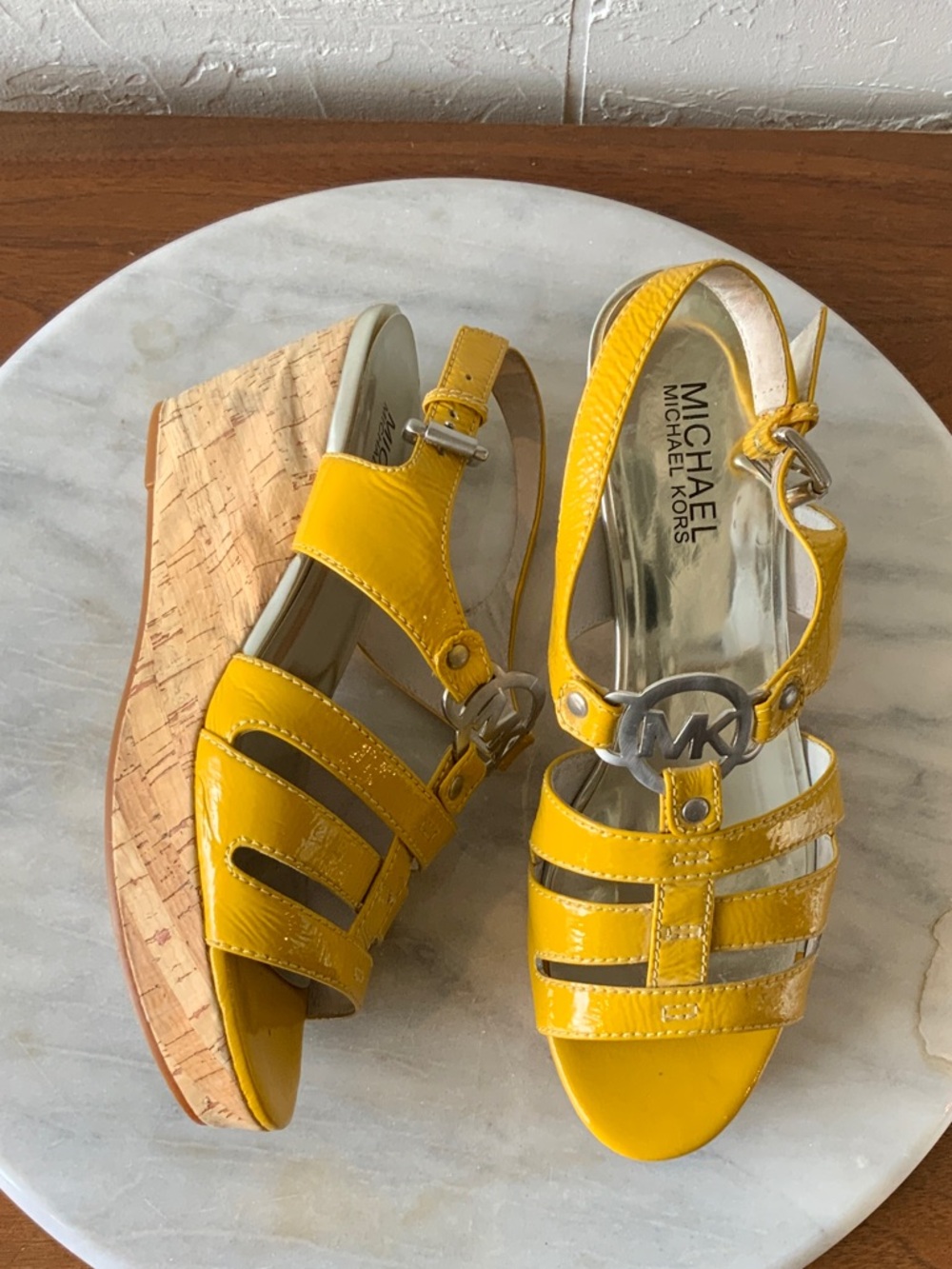 Michael Kors Bright Yellow Patent Leather Cork Wedge Sandals